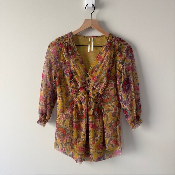 Anthropologie Chiffon Button Up Front 3/4 sleeve top floral stretch layered XS - Picture 10 of 10
